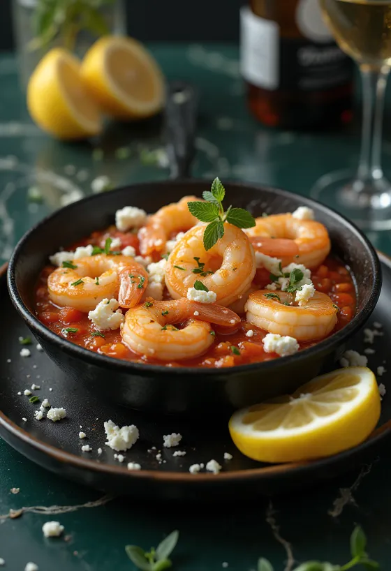 Garnelen-Saganaki in Tomatensauce mit Feta