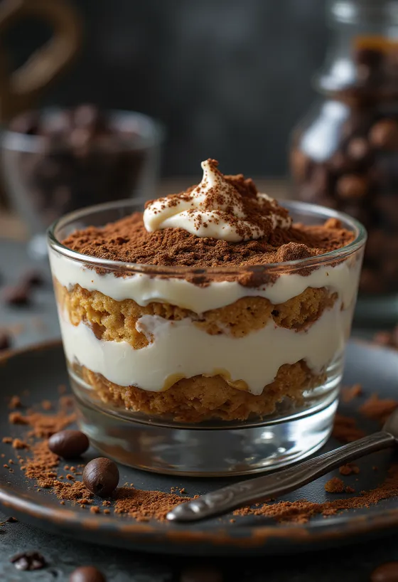 Klassisches Tiramisu, geschichtet mit Löffelbiskuits und Kakaopulver bestreut