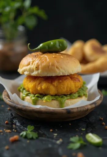 Vada Pav mit Fleischfüllung serviert
