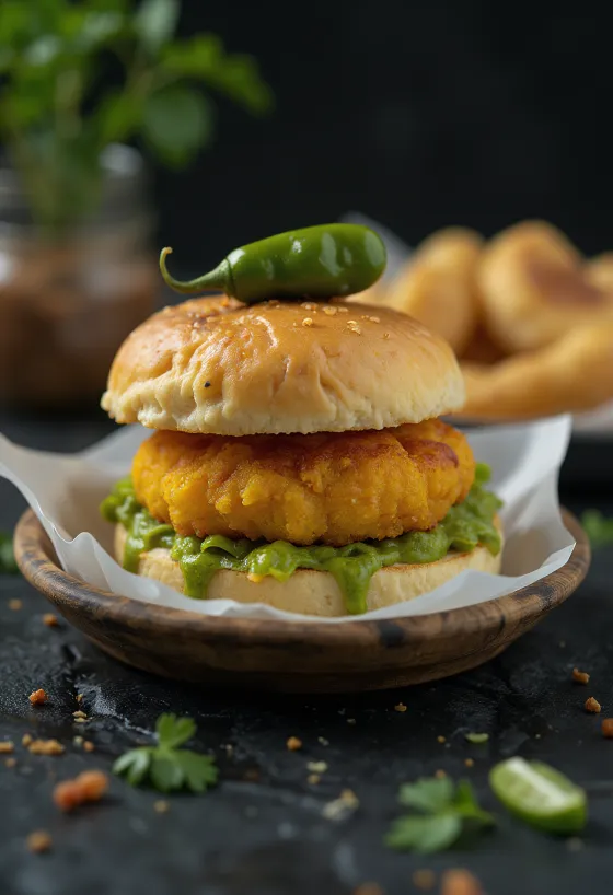 Vada Pav mit Fleischfüllung serviert