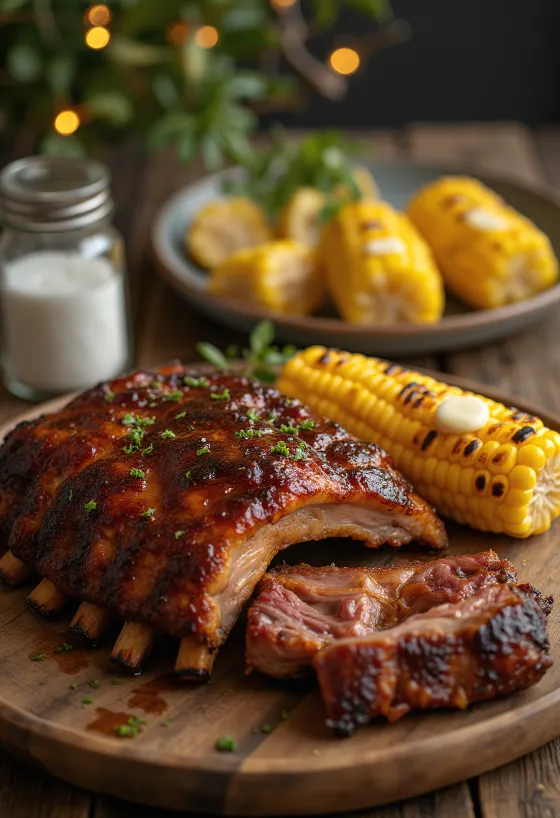 Servierte BBQ-Spareribs mit gebuttertem Röstmais