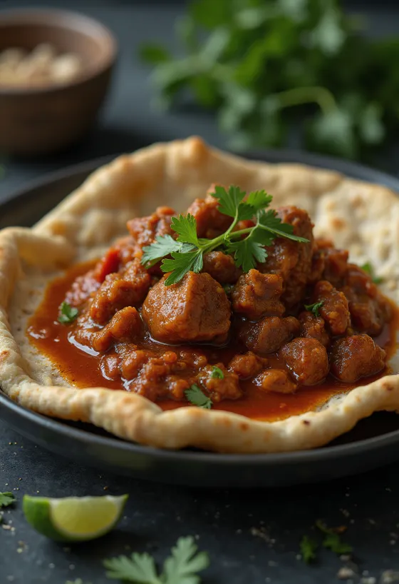 Serviertes äthiopisches Lammragout mit Berbere-Gewürz und Injera-Brot