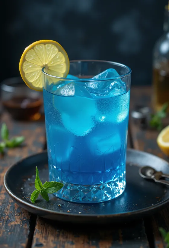 Blue Lagoon Cocktail dekoriert mit Zitronenscheibe und Cocktailkirsche