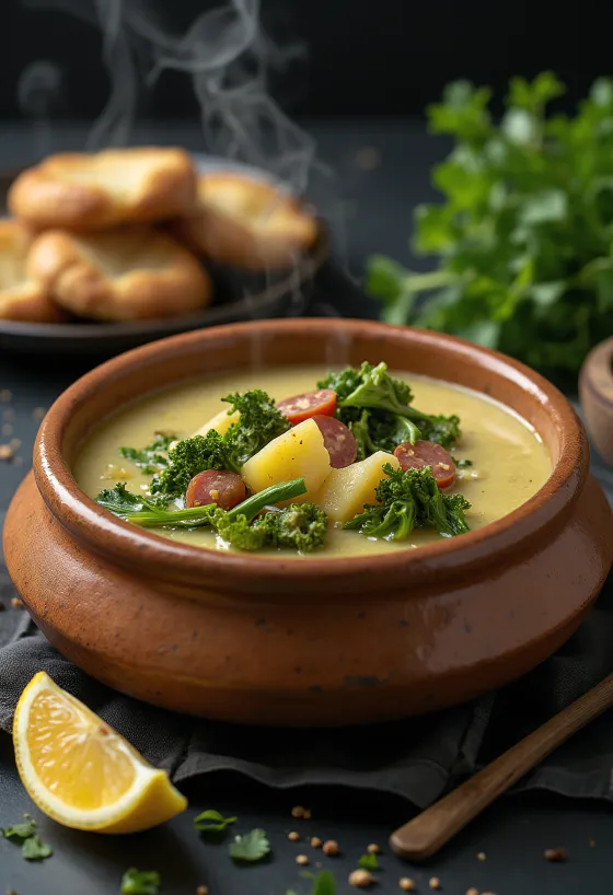 Caldo Verde mit Zitrone, serviert mit frischem Grünkohl und Wurst