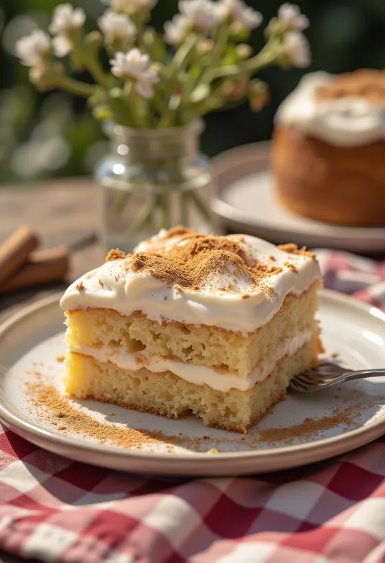 Aufgeschnittene Zimt-Cremetorte serviert