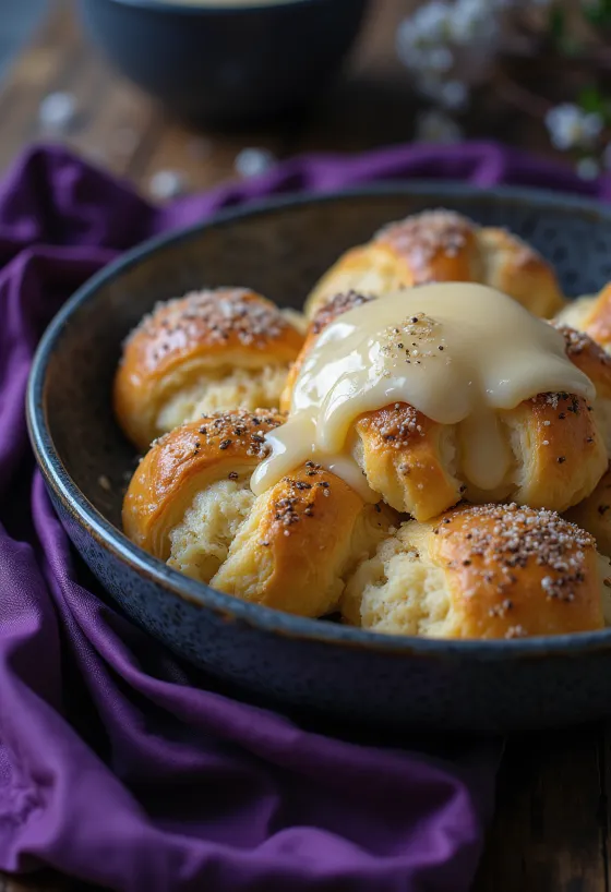 Mohnauflauf mit Puderzucker bestreut und mit Vanillesoße serviert