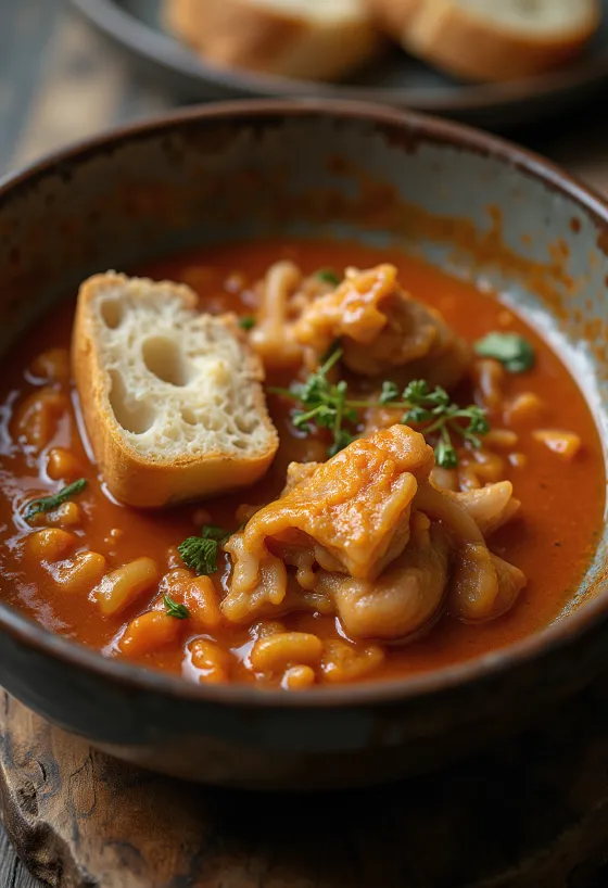 Kuttelgulasch mit saftiger, würziger Sauce, serviert mit frischem Brot