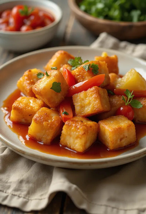 Knuspriger Tofu süß-sauer serviert