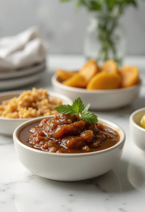 Tamarinden-Chutney im Glas, satte braune, würzige Sauce