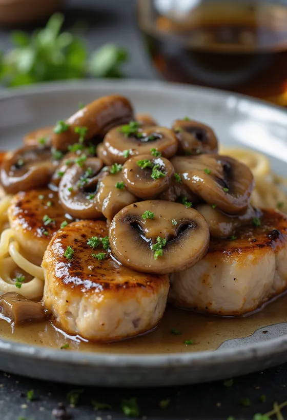 Kalbsschnitzel Marsala mit Pilzen und frischer Petersilie