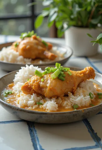 Ayam Penyet in Kokossauce, frisch serviert mit saftigen Hähnchenschenkeln und Reis.