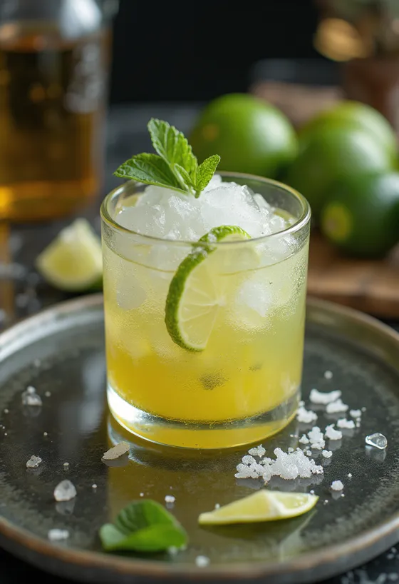 Caipirinha-Cocktail mit Limettenstücken und Crushed Ice