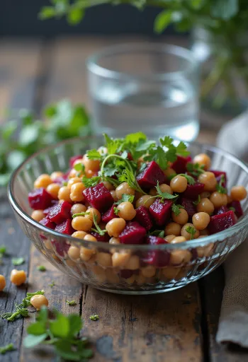 Rote-Bete-Kichererbsen-Salat, serviert mit frischem Rucola und gerösteten Walnüssen.
