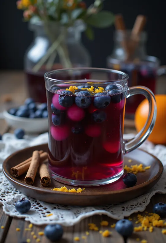 Zimt-Blaubeer-Cider, wärmendes Getränk mit Zimtstange und Blaubeeren