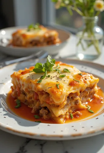 Traditionelles griechisches Moussaka serviert, geschichtete Aubergine, Hackfleisch und Béchamelsauce.