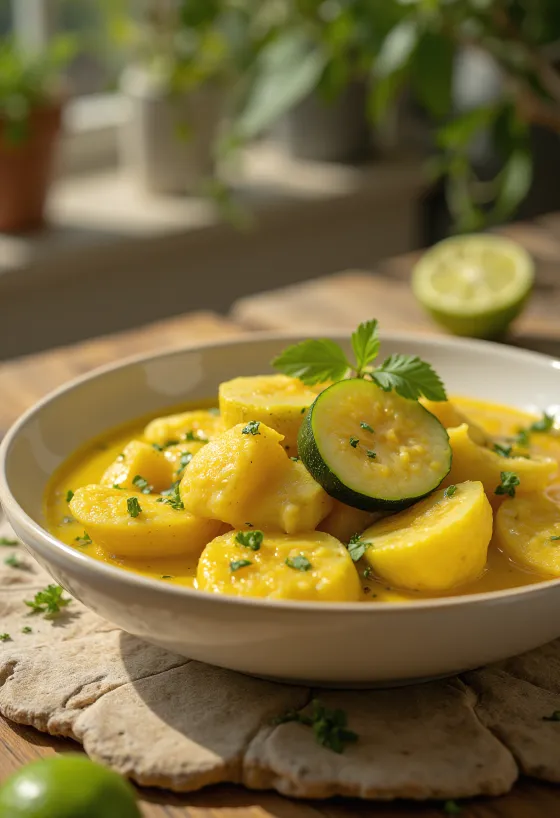 Khar mit Zucchini serviert mit frischem Koriander
