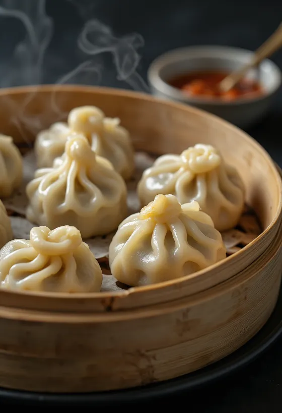 Klassische Momos gedämpft, gefaltete Teigtaschen, serviert mit Dip