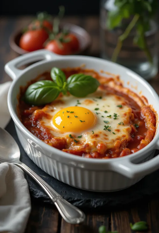 Glutenfreie Parmigiana mit gebratenen Auberginen, Tomatensauce und geschmolzenem Käse serviert