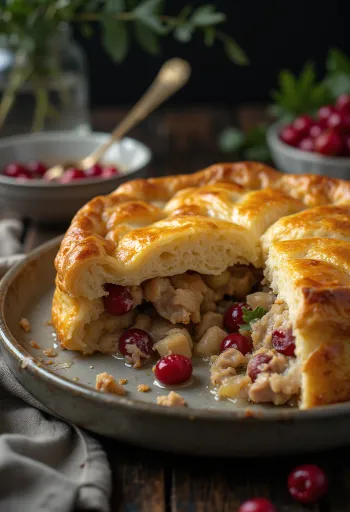 Rebhuhn-Pot-Pie mit Preiselbeeren, serviert in einer rustikalen Schale mit goldbraunem Blätterteig.