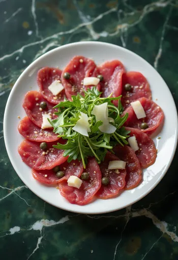 Hirsch-Carpaccio garniert mit Rucola und Parmesan