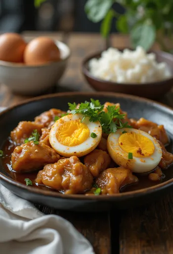 Adobo mit Eiern serviert, köstliche Kombination aus Hähnchen und Ei.