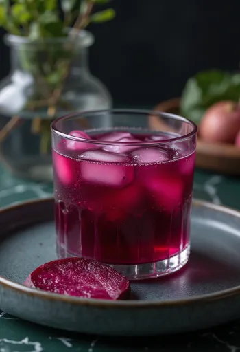 Rote-Bete-Saft im hohen Glas, dekoriert mit frischem Gemüse und Obst