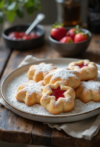 Erdbeer-Linzer mit Puderzucker bestäubt und Marmelade gefüllt