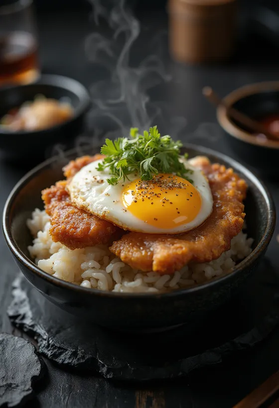 Katsu Don angerichtet mit knusprigem Schweinefleisch und Frühlingszwiebeln