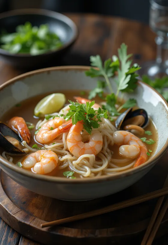 Meeresfrüchte-Pho in einer Schale serviert, mit Meeresfrüchten, Reisnudeln, frischem Koriander und Limettenscheiben