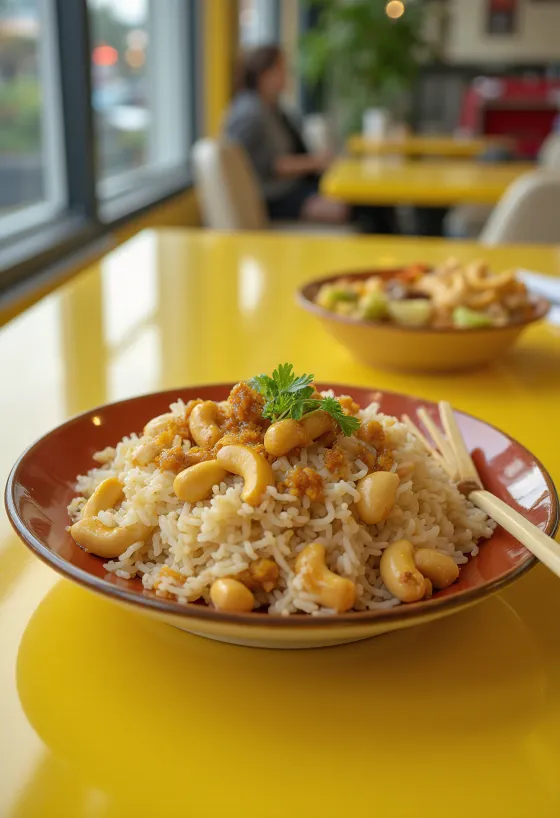 Servierter gebratener Reis mit Cashewkernen