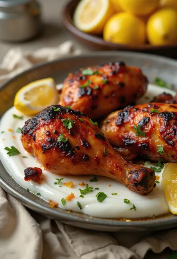 Tandoori Hähnchenschenkel, serviert mit Naan-Brot und frischem Salat