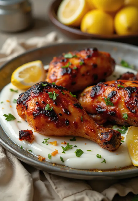 Tandoori Hähnchenschenkel, serviert mit Naan-Brot und frischem Salat