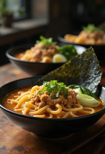 Tantanmen Ramen serviert mit Sesampasten-Basis und Hackfleisch