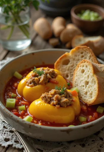 Gefüllte Paprika in Tomatensoße, gefüllt mit Reis und Hackfleisch