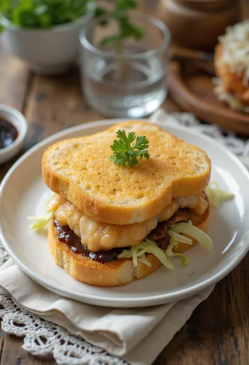 Fisch-Katsu Sando mit frischem Kohl und Ketchup-Senf-Sauce