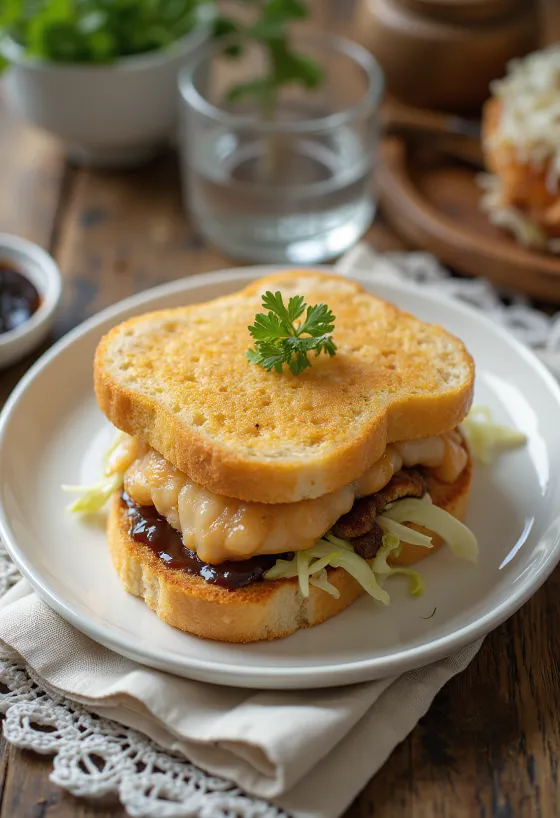 Fisch-Katsu Sando mit frischem Kohl und Ketchup-Senf-Sauce