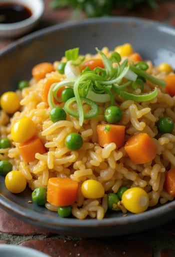 Veganer gebratener Reis mit Gemüse, frisch im Wok serviert.