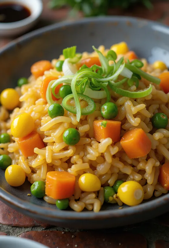 Veganer gebratener Reis mit Gemüse, frisch im Wok serviert.