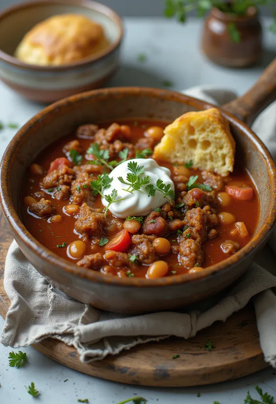 Wild-Chili serviert in einer rustikalen Schüssel
