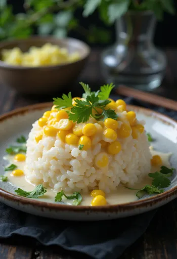 Xôi mit Mais, Kokossauce und frischem Koriander serviert