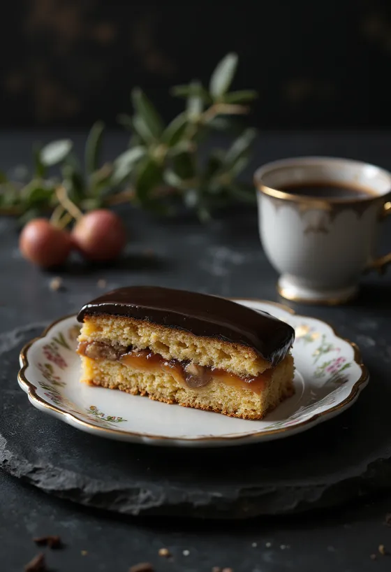 Hausgemachte Gerbeaud-Schnitten mit mürbem Teig, Nussfüllung und Schokoglasur
