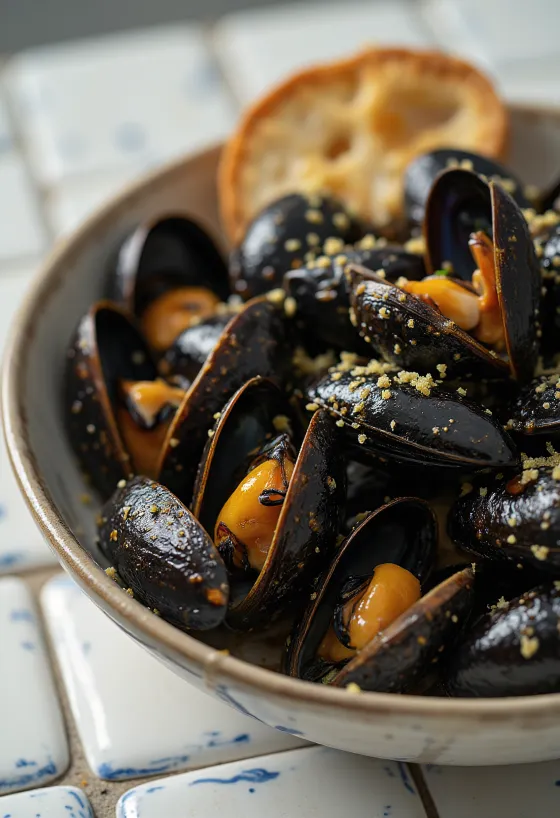 Servierte gegrillte Miesmuscheln