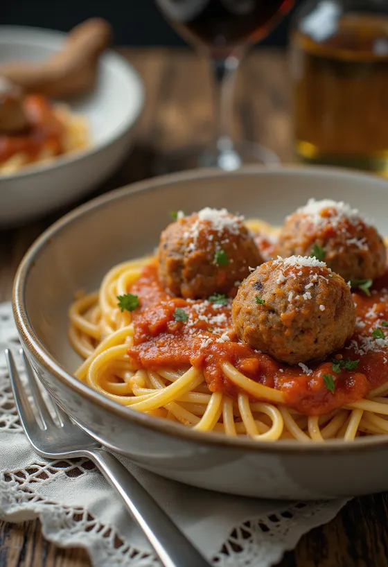 Spaghetti Bolognese mit Fleischbällchen und Parmesan