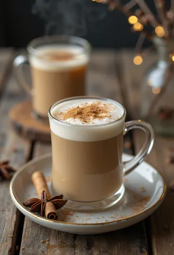 Chai Tea Latte in der Tasse, dekoriert mit Zimt und Kardamom