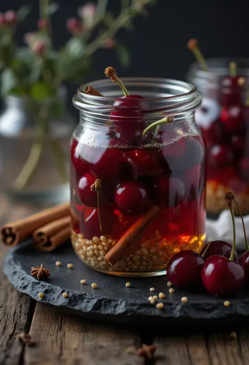 Süß-sauer eingelegte Kirschen im Glas serviert