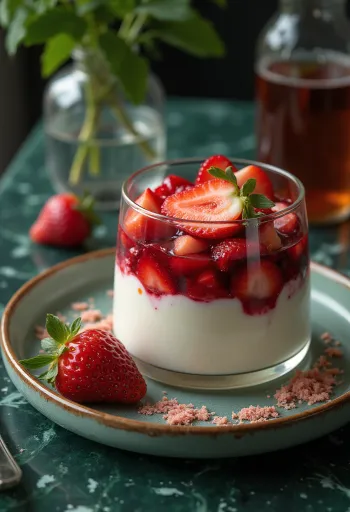 Geschichtetes Erdbeer-Dessert im Glas mit frischer Minze