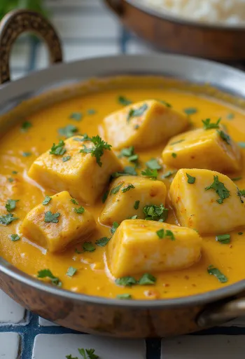 Fisch-Curry nach Kerala-Art mit Schweinefleisch, serviert in reichhaltiger Kokosmilchbasis