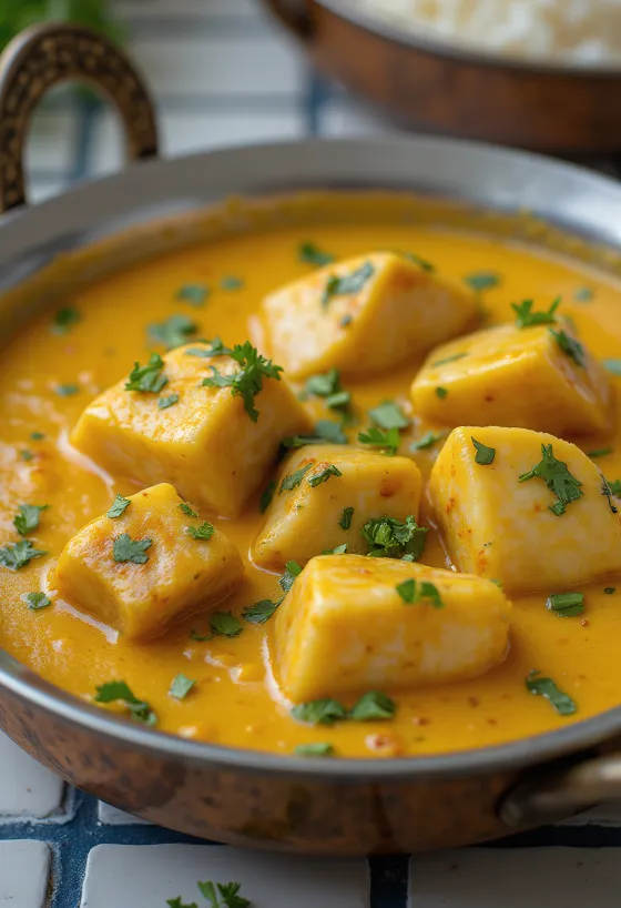 Fisch-Curry nach Kerala-Art mit Schweinefleisch, serviert in reichhaltiger Kokosmilchbasis