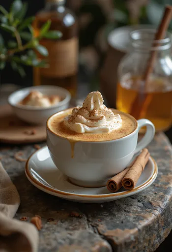 Honig-Zimt-Latte, mit Sahnehaube und Zimtstange garniert