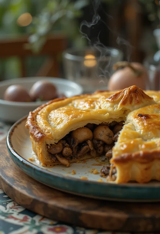 Tauben-Pastete serviert mit goldener Kruste.